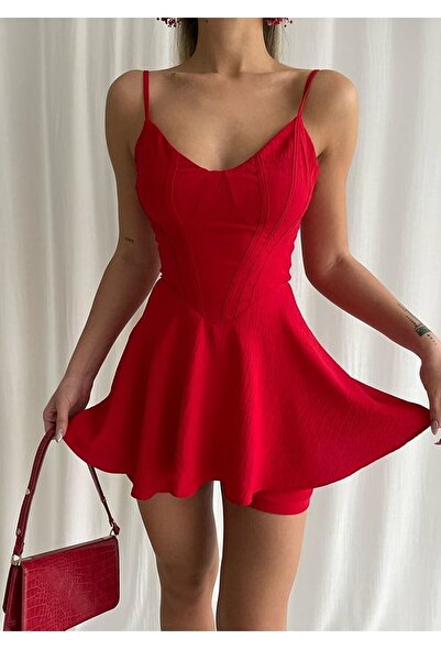 bayansepeti Aerobin Fabric Red Jumpsuit with Low-cut V-Neck Shorts 136