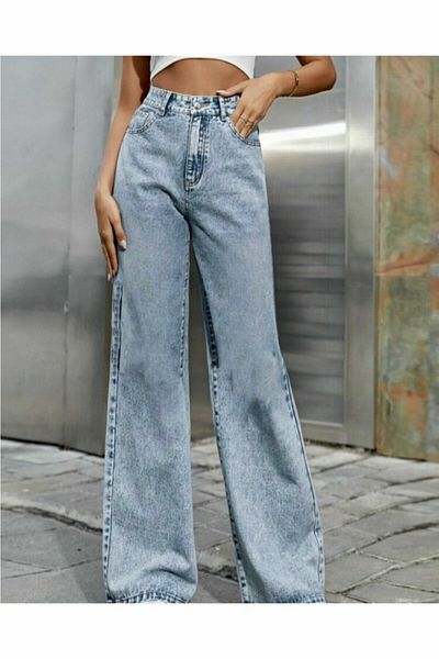 Livik Blugi Lipa Albastru Deschis Snow Wash cu talie super inalta cu picioare late din denim