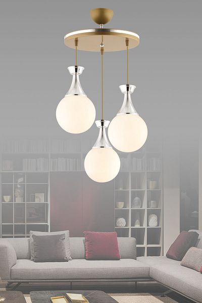 KUZEY AYDINLATMA Minel 3-Piece Tray Pendant Lamp Antique Chrome White Globe Glass Lighting