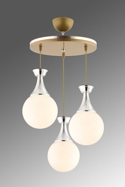 KUZEY AYDINLATMA Minel 3-Piece Tray Pendant Lamp Antique Chrome White Globe Glass Lighting
