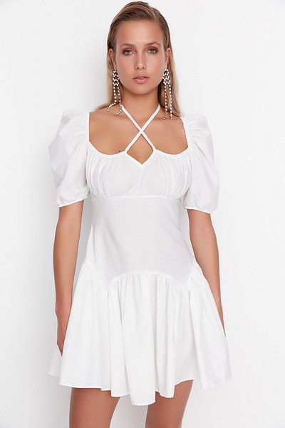 Trendyol Collection Εκρού Κοντό Νυφικό/Νίκα Βραδινό Φόρεμα - Λεπτομέρεια γιακά, Υφαντό TPRSS22EL1722