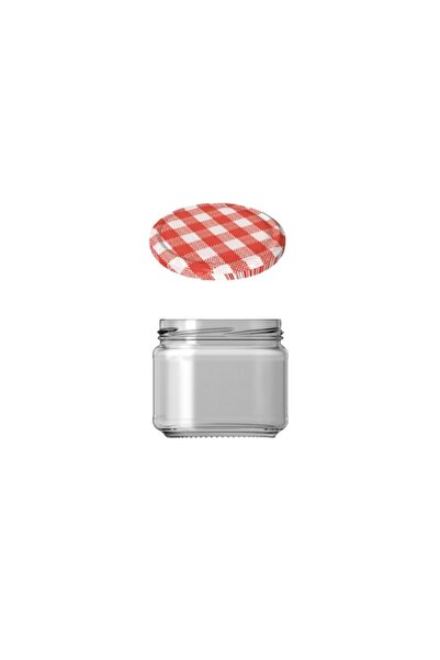Hilalcioğlu Red Plaid Glass Jar - 300 Cc, 10 Pieces Magnolia Jam Dessert