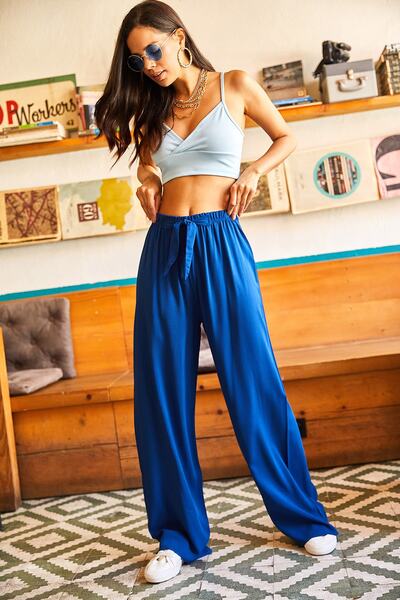 Olalook Kadın Saks Mavi Kuşaklı Dokuma Viscon Palazzo Pantolon PNT-19000169