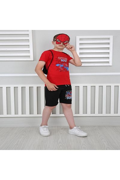 SPIDERMAN مجموعة حقيبة حمراء للأولاد مقنعة مكونة من أربع قطع