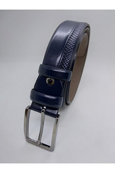 Gutiero Men's Navy Blue Patterned Classic Leather Belt