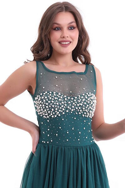 Ottawe Kadın Önü Boncuk Taşlı Etek Tül Kloş Kısa Party Mezuniyet Mini Kısa Elbise Ottw-8031