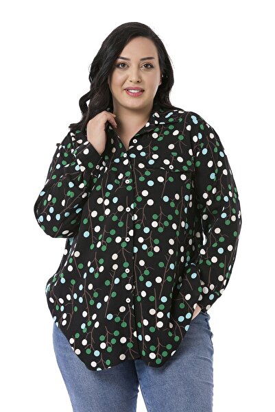 DISENTIS MODEST قميص نسائي أسود منقوش بأكمام مطوية وجيب مزيف مقاس كبير