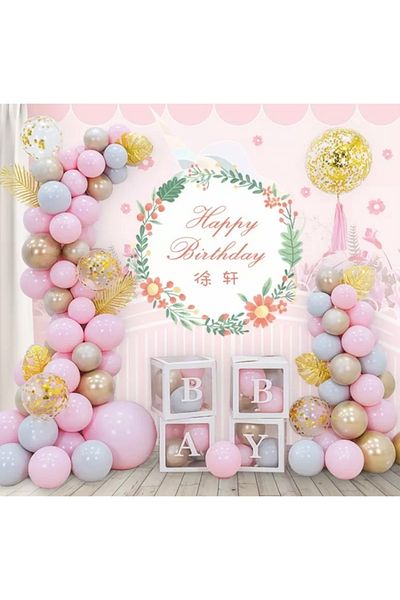 Deniz Party Store Macaron Pink Pastel Gray Chrome Gold Transparent Balloon Chain Set with Gold Confetti