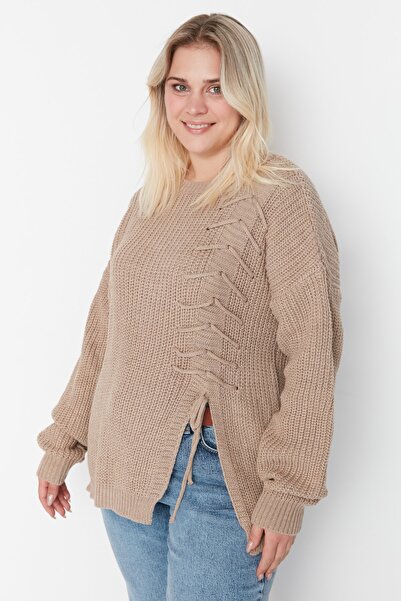 Trendyol Curve Bézs keresztcsipke részletes kötöttáru pulóver
