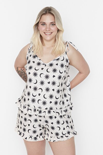 Trendyol Curve Bézs mintás pántos kötött pizsama szett TBBSS22AI00000