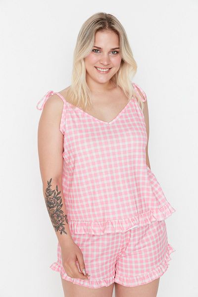 Trendyol Curve Pink Gingham Patterned Suspender Knitted Pajamas Set Tbbss22Ai00000