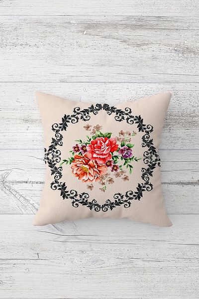 on the clouds Vintage în cerc Buchet de trandafiri colorați Pernă cu fermoar ascuns pe o parte Husă de pernă pentru scaun