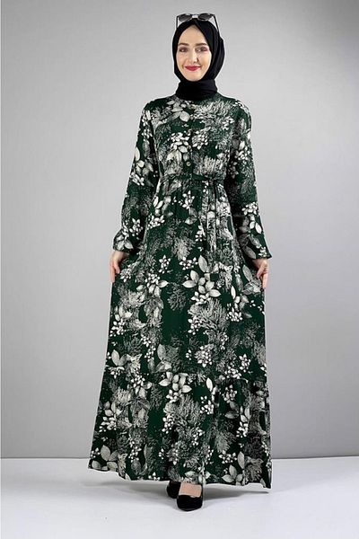 SGS Emerald Green Patterned Hijab Dress - With Belt