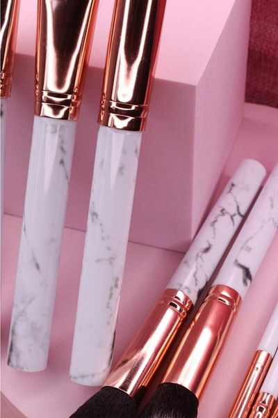 MUJGAN 10-Piece Makeup Brush Set Marble Patterned White Or Black Handle Black Tip