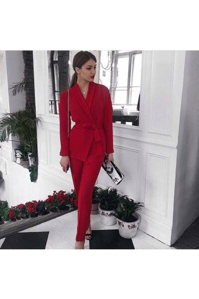 rengamoda Kadın Kırmızı Astarsız Double Atlas Kumaş Kuşaklı Ceket Pantolon Takım (KIRMIZI)