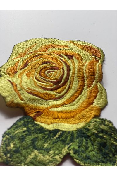 Gönülden Tasarım 20x11 Cm Yellow Rose Green Leaves Embroidered Applique Patch Sewing Guipure Embroidery