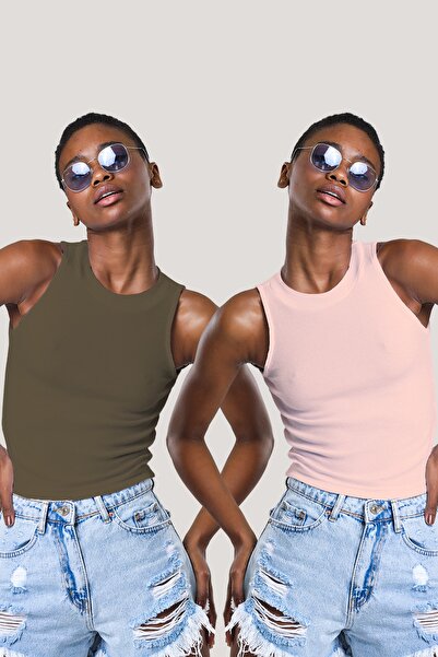 CATSPY Bluză crop pentru femei, pudră, kaki, cu gât cu șalț și nervuri, pache...