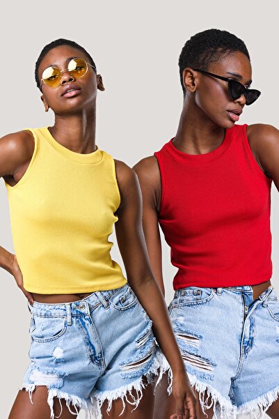 CATSPY Дамска червено-жълта блуза с деколте тип халтер от 2 части