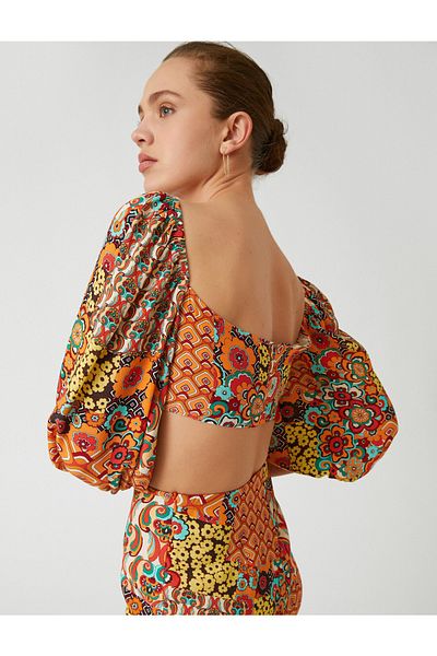 Koton Women&#39;s Balloon Sleeve Ethnic Patterned Crop Blouse 2sak30082ew