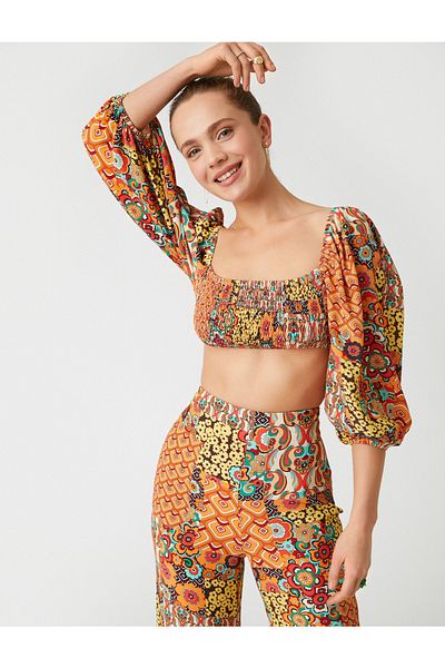 Koton Women&#39;s Balloon Sleeve Ethnic Patterned Crop Blouse 2sak30082ew