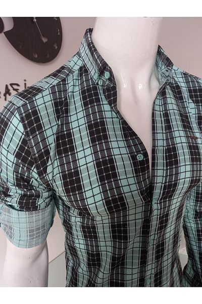 GGMM Ανδρικό αθλητικό πουκάμισο Lycra Water Green καρό