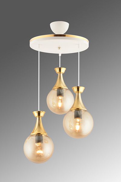 KUZEY AYDINLATMA Minel 3-Piece Tray White Gold Honey Glass Globe Glass Living Room Chandelier