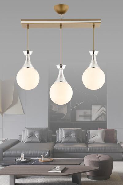 KUZEY AYDINLATMA Minel 3 Lü Caka Eskitme Krom Yaldızlı Glop Cam Modern Avize