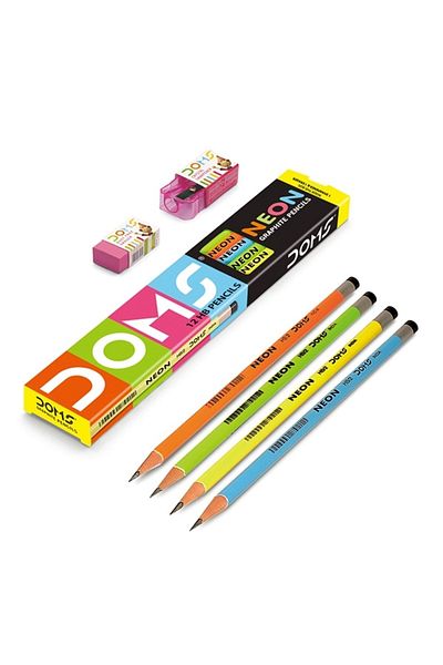 Jasper Store Doms Neon Pencil 12 Pack + Eraser + Pencil Sharpener