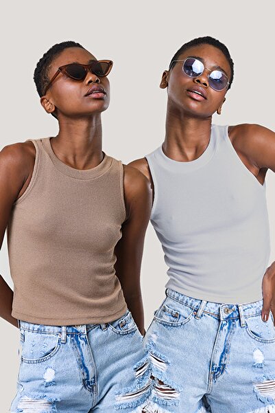 CATSPY Bluză de damă, gri, biscuit, cu gât cu șalț, cu nervuri, pachet de 2