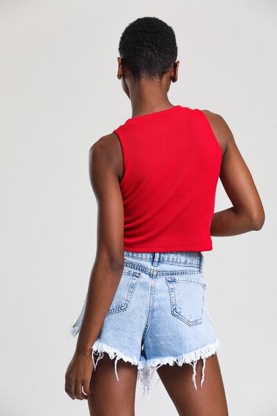 CATSPY Kadın Kırmızı Lila Halter Yaka Fitilli 2'li Paket Crop Bluz