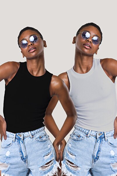 CATSPY Bluză crop din 2 piese pentru femei, gri neagră