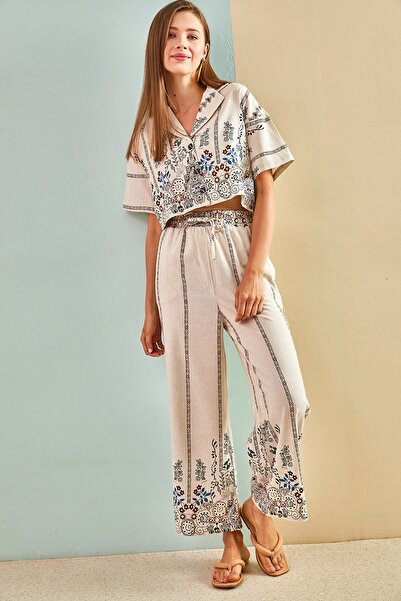 Bianco Lucci Női rövid ujjú etnikai lenvászon ing nadrág szett