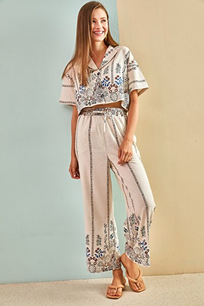 Bianco Lucci Női rövid ujjú etnikai lenvászon ing nadrág szett