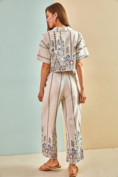 Bianco Lucci Női rövid ujjú etnikai lenvászon ing nadrág szett