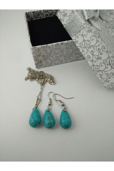 BalıkHediyelik Turquoise (firuze) Stone Necklace/Earring Set – Natural Stone Necklace and Earring Set