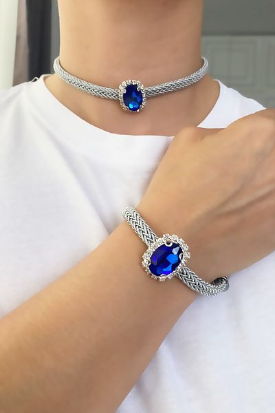 Liveyn Design Crystal Stone Herringbone Necklace Bracelet Set