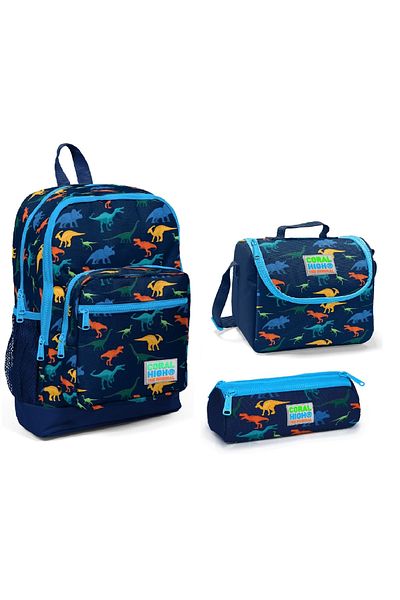 Coral High Set de 3 genți de școală cu model de dinozaur bleumarin cu patru compartimente pentru copii