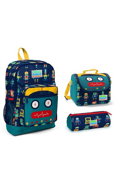 Coral High Set de 3 genți de școală cu model robot cu patru compartimente pentru copii