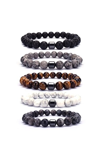 Padore Accessory 5 Adet Doğal Taş Bileklik | 3 Jade, 1 Kaplan Gözü, 1 Lav > Handmade