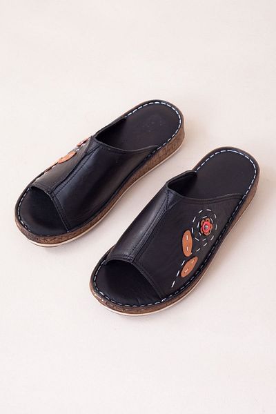 Adım Adım Black Flower Detailed Low Sole Women's Daily Slippers