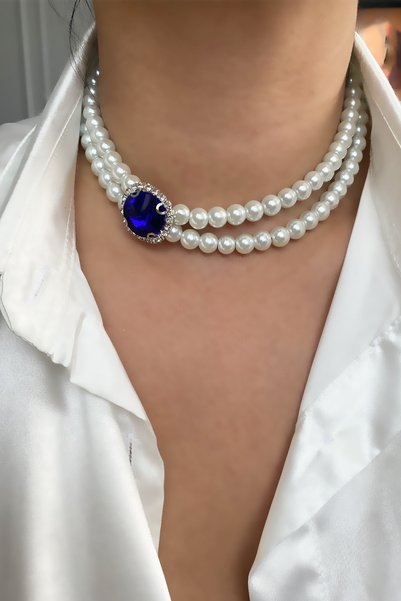 Liveyn Design Glass Pearl Double Row Sapphire Appearance Abile Necklace
