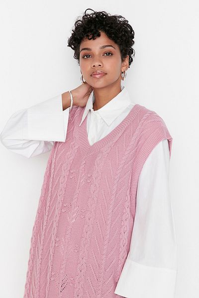 Trendyol Modest Rosa Strickpullover mit V-Ausschnitt TCTAW23SV00005