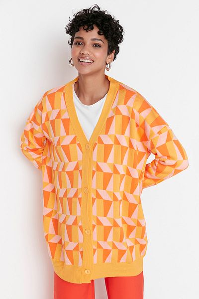 Trendyol Modest Orange Pink Geometric Patterned Button Detailed Knitwear Cardigan TCTAW23HI00032