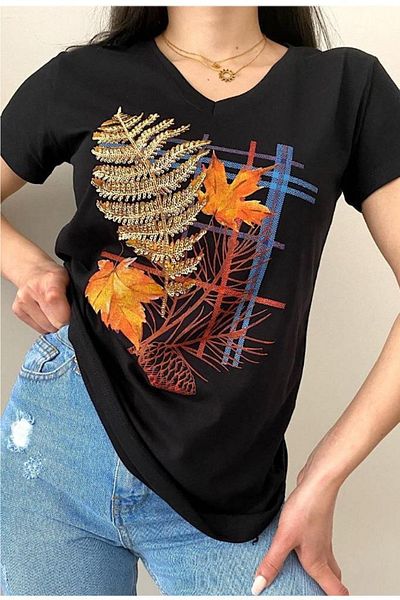 FEMELLE Tricou de damă cu decolteu în V, cu paiete din noul sezon, cu paiete