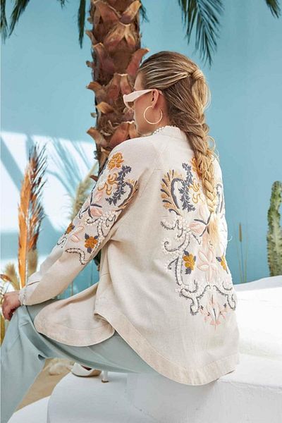FEMELLE Jachetă Kimono de damă cu broderie de flori pe spate și mâneci