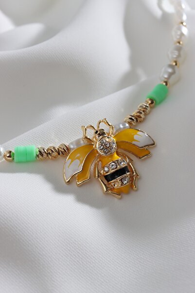 Süspüs Accessories النحلة الشكل الأخضر فيمو قلادة اللؤلؤ مفصلة