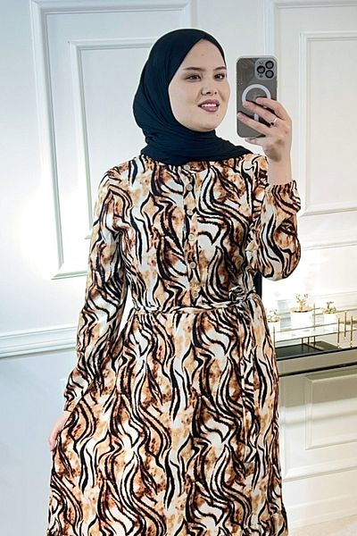 Aşkı Endam Aleyna Cotton Viscose Dress - Brown Zebra