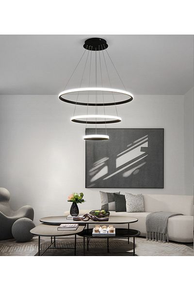 TT AYDINLATMA Tt300-3 Sy Ring - 3-Piece Matte Black LED Chandelier (Daylight)