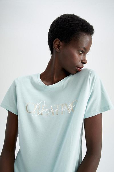 DeFacto Regular Fit Crew Neck Slogan Printed Short Sleeve 100% Cotton T-Shirt