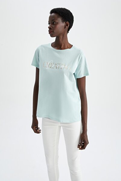 DeFacto Regular Fit Crew Neck Slogan Printed Short Sleeve 100% Cotton T-Shirt